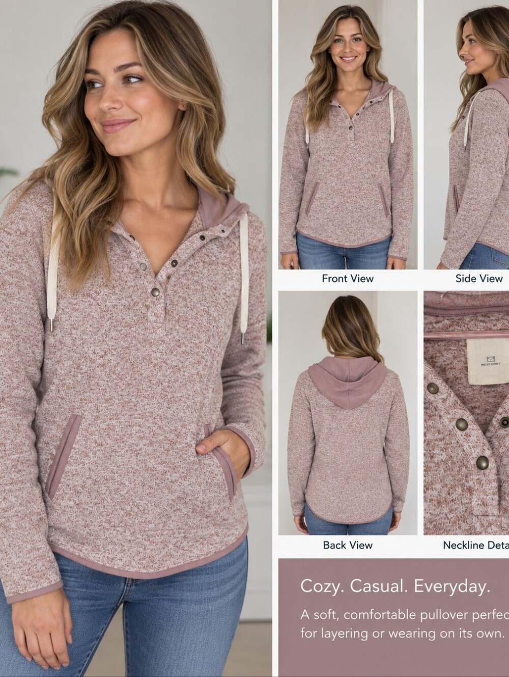 Thread & Supply Snap-Henley Pullover Hoodie in Mauve